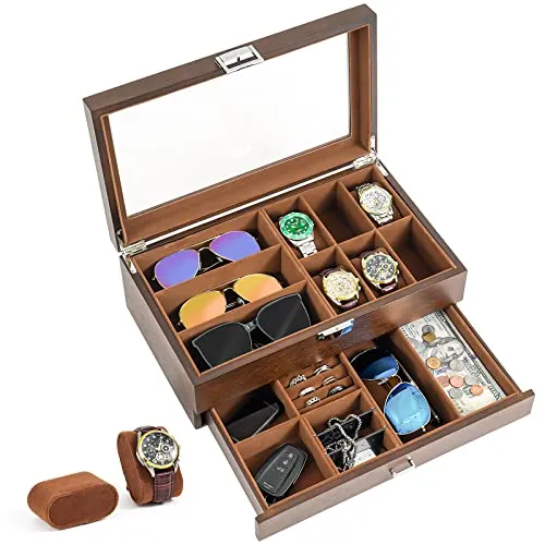 Wooden Jewelry Box with 2-Tier Watch Holder and Glass Top Lid | ProCase